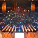 Wybron’s Transition fiber-optic illuminator creates a starfield above the stage in the round.
