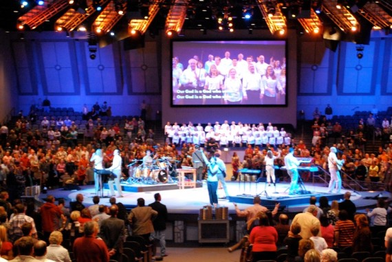 Wybron’s Autopilot II performer-tracking system keeps light on the two worship leaders on either side of the stage.