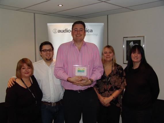 Audio-Technica_API_Award From left to right: Jeanette Langstaff (Area sales coordinator – Northern England & Scotland), Logan Helps (Training and Product Support Specialist), Adrian Rooke (Managing Director), Claire Timmins (Area sales coordinator – Midlands & Northern Ireland), Sarah Styles (Area sales coordinator – MI & Southern England)