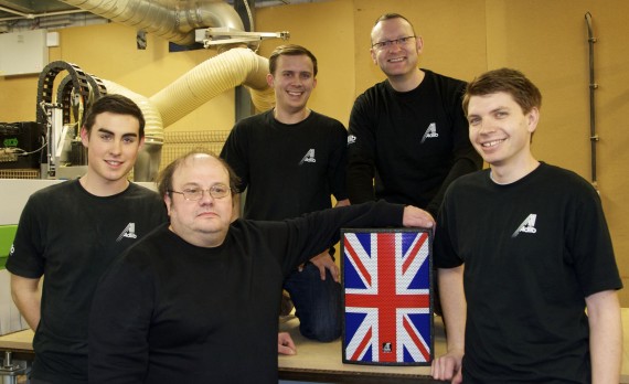 Adlib Speaker Designer Dave Fletcher with the Adlib manufacturing team. L-R . Tom McCarthy , Dave Fletcher, Dave Graham , Ian Greenwood, Chris Toohey