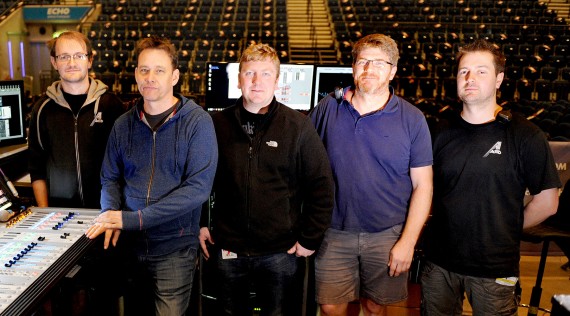 Left to right is Mark Johnson (Monitor Tech) John Delf (FOH Engineer) Ben Booker (Monitor Engineer) Tony Szabo KSE (PA Tech) Sam Proctor (PA Tech)