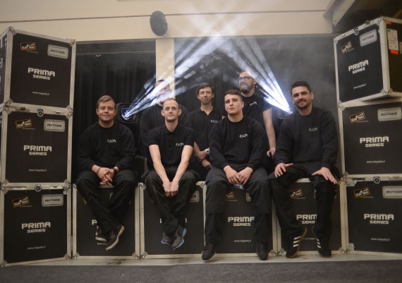 Back Row L-R  : David Brittle (Warehouse Technician), Gregory McDougal (AV Technician),  Gareth Duckhouse (Lighting Technician) Front Row L-R : Tom Wheelan (AV Technician),  James Smith (Warehouse Manager) Jamie Gallet (AV Technicia) and. Sam Starkey (Video Technician) … with some of their new Clay Paky fixtures. 