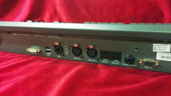 The rear I/O panel of the FLX. DMX, Ethernet and Midi are all present.