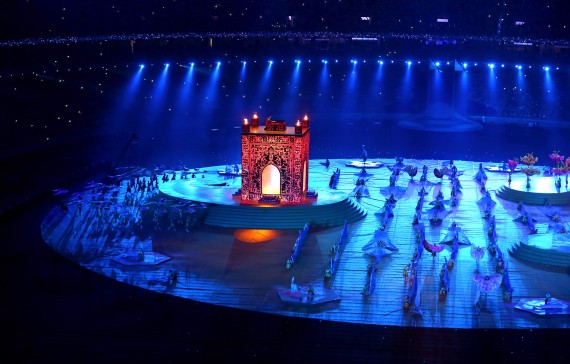 BAKU, AZERBAIJAN - JUNE 28: Dancers perform infront of a representation of the Ateshgah Fire Temple during the Closing Ceremony for the Baku 2015 European Games at Olympic Stadium on June 28, 2015 in Baku, Azerbaijan. (Photo by Robert Prezioso/Getty Images for BEGOC)