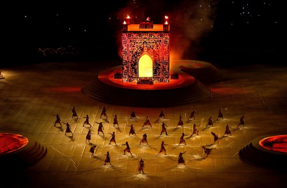 BAKU, AZERBAIJAN - JUNE 28: A representation of the Ateshgah Fire Temple rises from the stadium floor during the Closing Ceremony for the Baku 2015 European Games at Olympic Stadium on June 28, 2015 in Baku, Azerbaijan. (Photo by Paul Gilham/Getty Images for BEGOC)