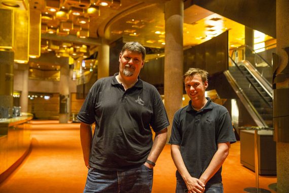 L-R: Bernie Manchee, Head of Lighting for Arts Centre Melbourne with Trent Barclay, Lighting Systems Specialist